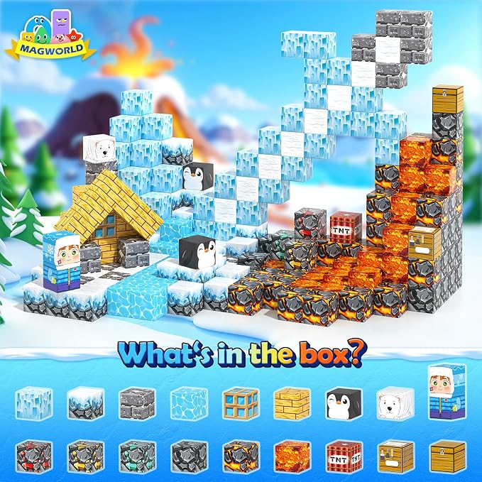 110PCS Large Magnetic Blocks Ice Fire World Magnet Building Toys for Kids | Magnet Building Cubes, STEM Sensory Toys, Christmas Easter Gifts for Boys & Girls, Outdoor Kids Toys for Age 3+