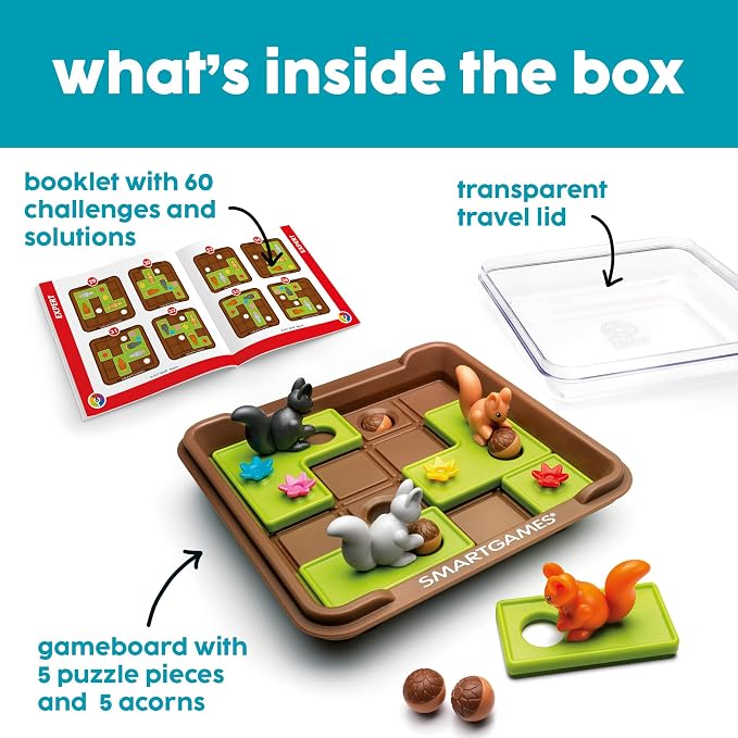SmartGames Squirrels Go Nuts Sliding Logic Travel Puzzle Game with 60 Challenges for Kids Ages 6+