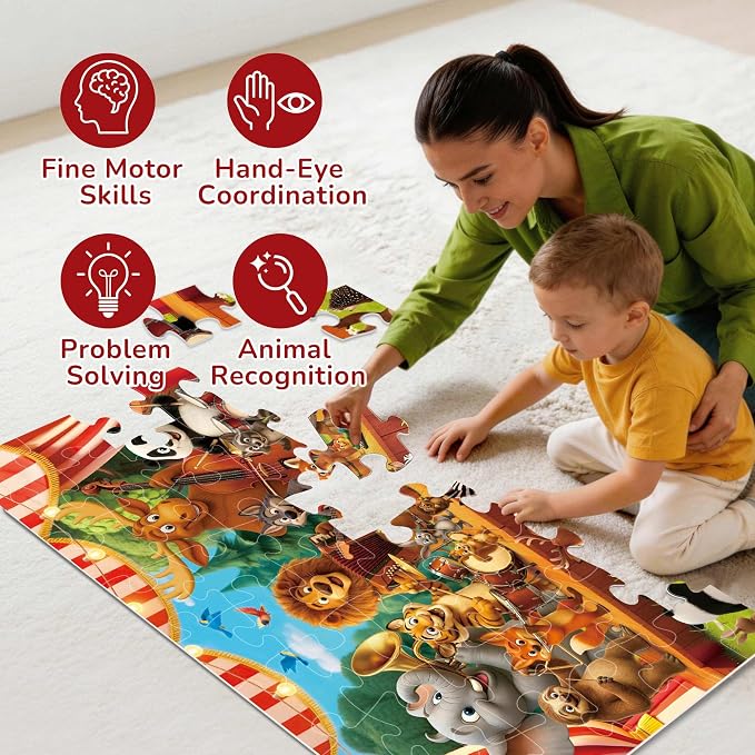 BenBen Floor Puzzles for Kids, 2 x 3 Feet 48 Pieces Forest Animals Puzzles | Extra-Thick Large Piece Jumbo Jigsaw Puzzle for Toddlers Ages 4-6, Preschool Educational Toys with Storage Box for Girls Boys
