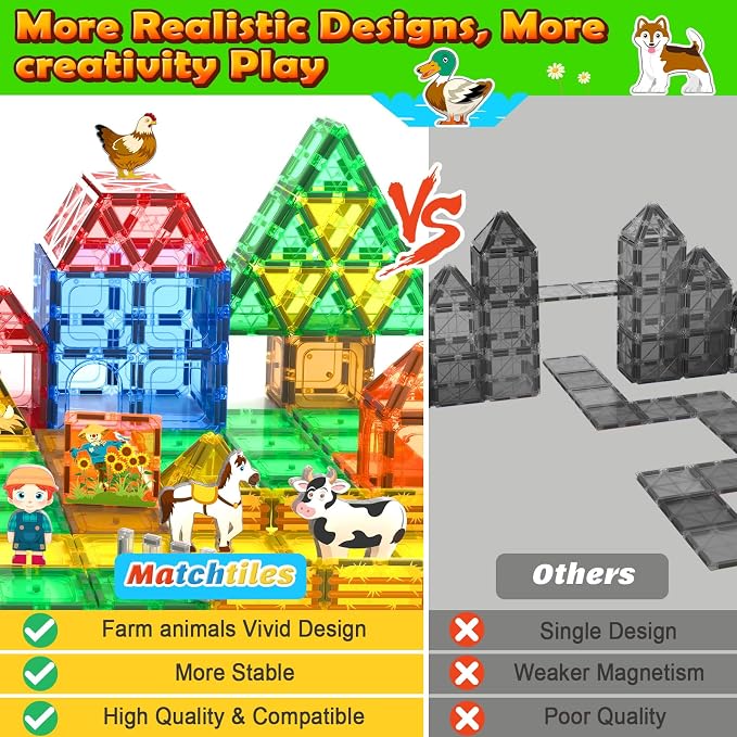 Magnetic Tiles Toys with Farm Animals for 3+ Year Old Toddler, Magnetic Blocks Building Toys for Kids Ages 3-5 5-7 Girls Boys, Classroom Must Haves