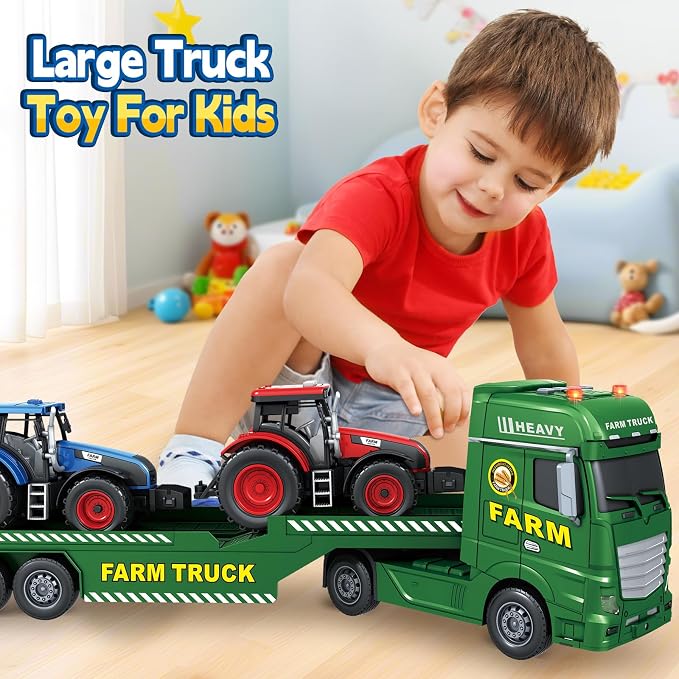 Bstoyder Toddler Boy Toys for 3 4 5 6 7 Years Kids, 25" Semi Flatbed Truck Toy with 2 Tractors, Friction Powered Vehicles Toys with Lights and Sounds, Birthday for Boy Girls