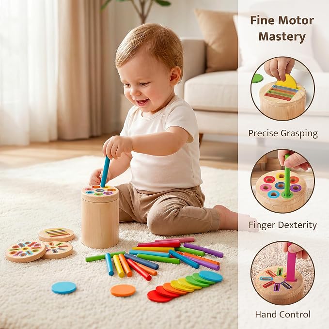 Wooden Montessori Toys for 1, 2,3 Year Old | 3 in 1 Fine Motor Skills , Learning Color Matching Sorting Sensory - Christmas, Birthdays for Toddler Boy Girls - 18 Month