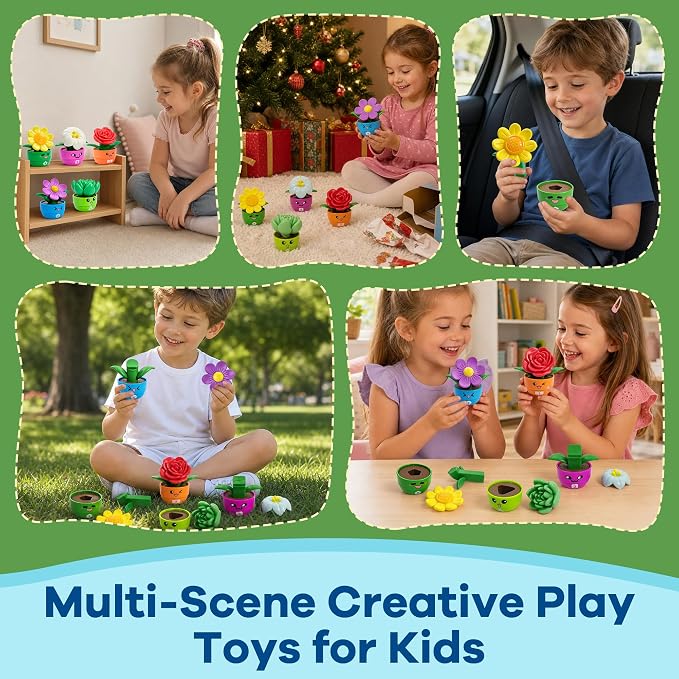 GEERAY Montessori Flower Garden Building Toy, 10 Sets Toddler Shape & Color Matching Game, Fine Motor Skills Preschool Sensory Toys, Educational Gardening Gift for 1-3 Year Old Boys Girls