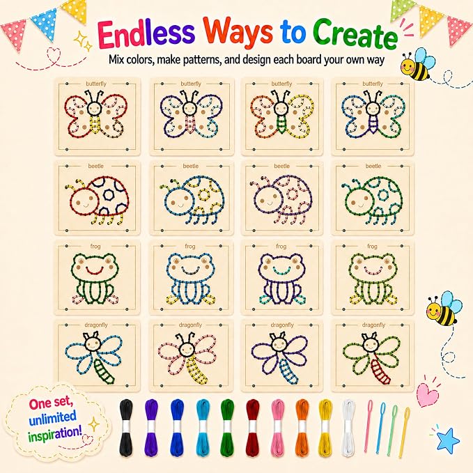Montessori Wooden Lacing Toys for Toddlers and Kids Ages 2-4 5-7, Sewing Kit Fine Motor Skill Busy Board, Education Sensory Preschool Toy for 1 2 3 4 Year Olds, Birthday Gift for Boys and Girls