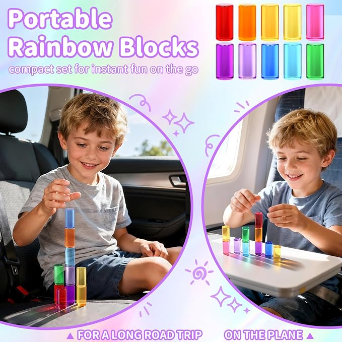 Rainbow Acrylic Blocks, 10 Stackable Cylinders for Kids Ages 3+ | 10 acrylic color blocks, 2 x 1 in, stackable, ages 3+, white paper box for gift wrap, preschool and light table use
