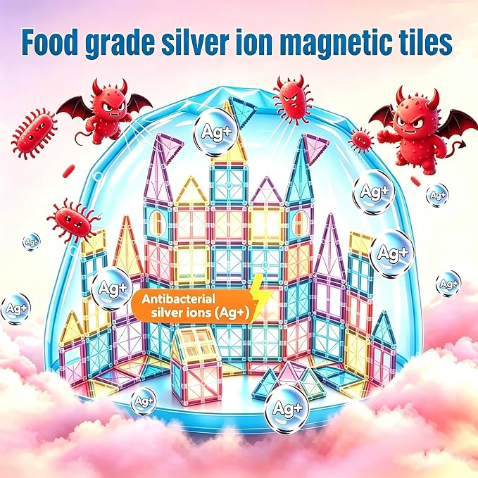 Antibacterial Magnetic Tiles, 64PCS 3D STEM Building Blocks Set | Bacteria Resistant, EPA-registered, Toddler-Safe, Strong Magnets, Preschool Education Construction Toy, Clean Play for Kids