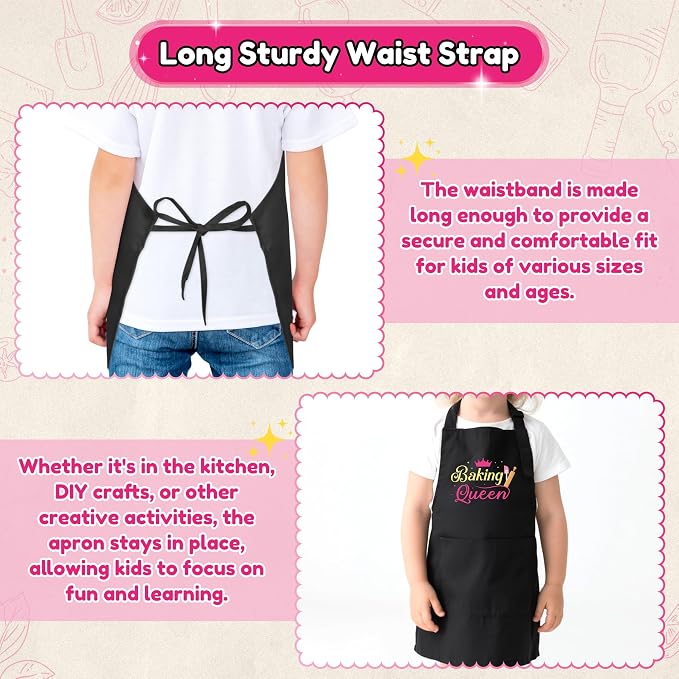 R HORSE Kid Apron and Chef Hat Set 2Pcs Adjustable Black Baking Queen Children Kitchen Apron, Dress up Role Play Chef Toy Funny Cooking Baking Painting and Training Kits for Girls Birthday Gift