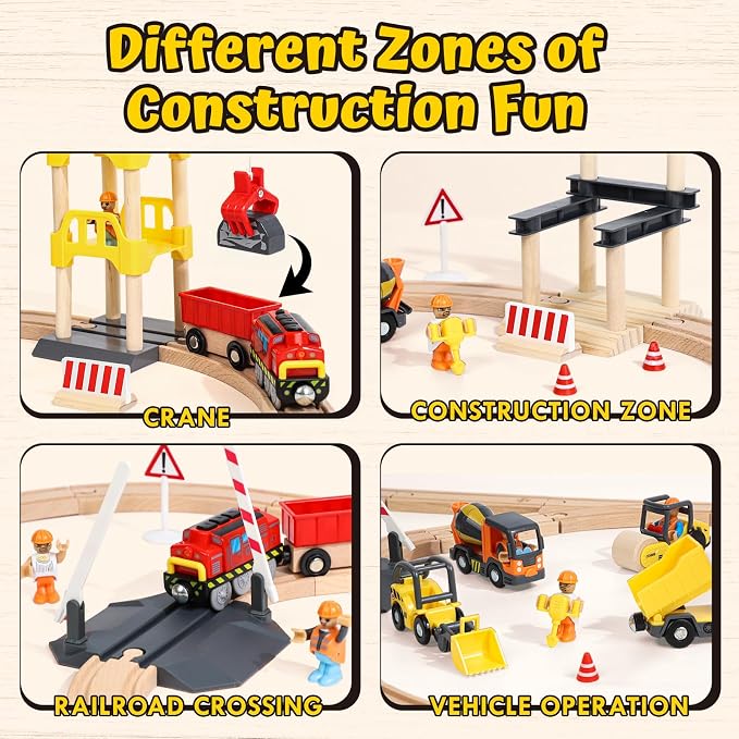 Lehoo Castle Wooden Train Set, Construction Toys for 3 Year Old Boys | Wooden Train Track Set for Kids w/Crane, Toy Train Railway Playset for Toddler Boy Birthday Gift