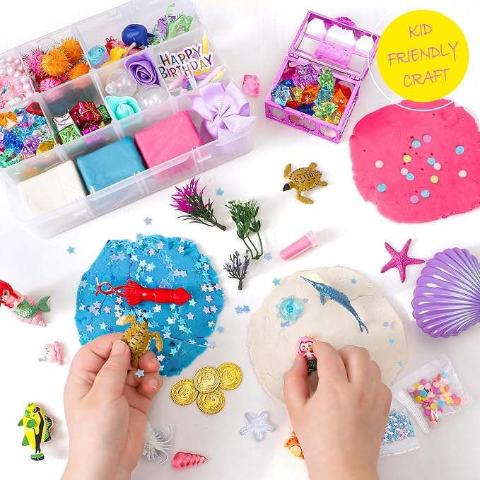 Golray Mermaid Sensory Dough Kit - Play Dough Set with 3 Packs of Playdough, 2 Mermaid Figures, Marine Animals & Plants Toys and Decorative Accessories, Sensory Toys Gifts for Kids & Toddlers