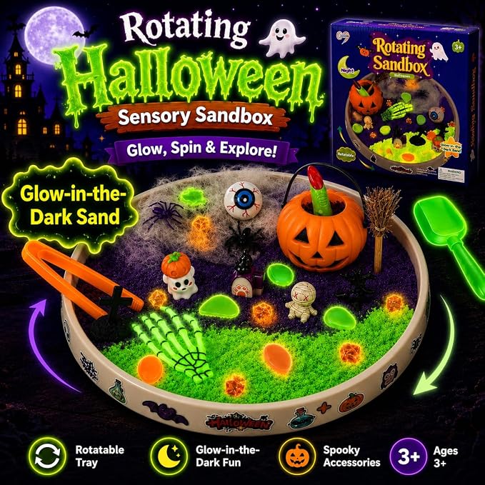 Halloween Sensory Bin Rotating Sandbox with Glow Sand Kit for Kids | Sensory Play Set with Glow-in-the-Dark Sand and Halloween Figures, gift for for boys and girls ages 3-8