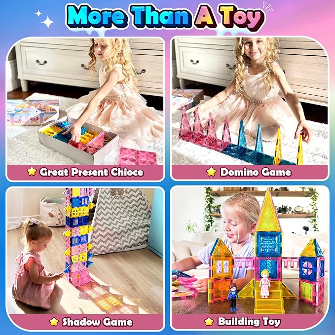 Magnetic Tiles 102pcs with 2 Stairs 2 Dolls Princess Castle Kids Ages 3-12