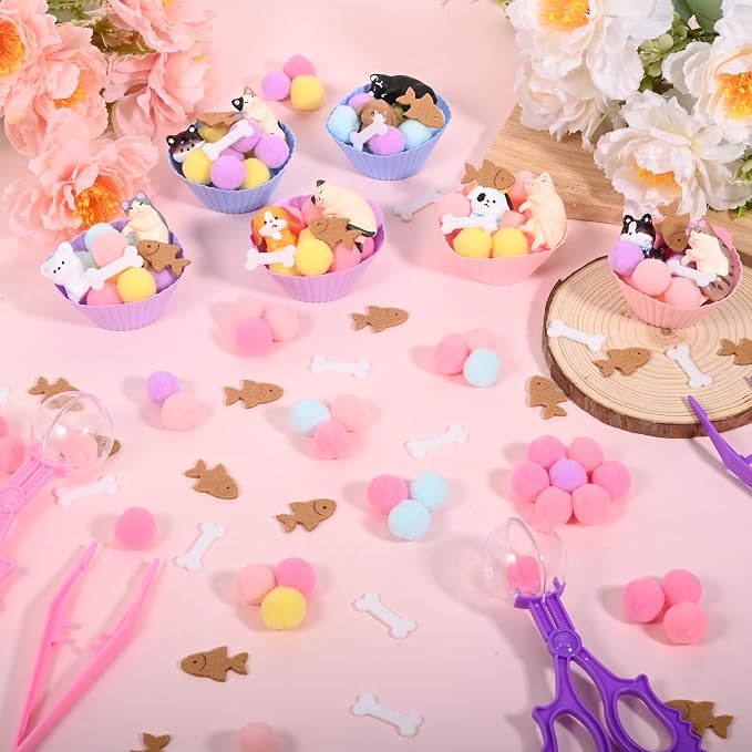 Sanixn 207 Pcs Pet Sensory Bin Fillers Dog and Cat Fine Motor Skills Pet Sensory Bin Item Pompoms Cups Tweezers Scissor Clips for Sorting Counting Fun Activities(Pet)