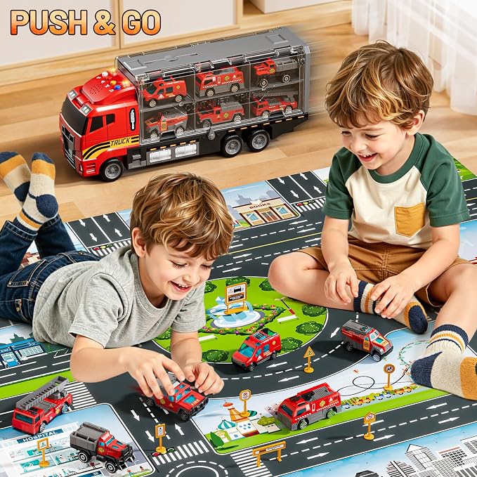 Carrier Truck Toddlers Toys for 3 4 5 6 7 Years Old Boys, Toy Truck Transport Car & Die-Cast Car and Play Mat, Fire Toys Birthday Gifts for Kids 3 4 5 6 7 8+ Years Old Boys Girls