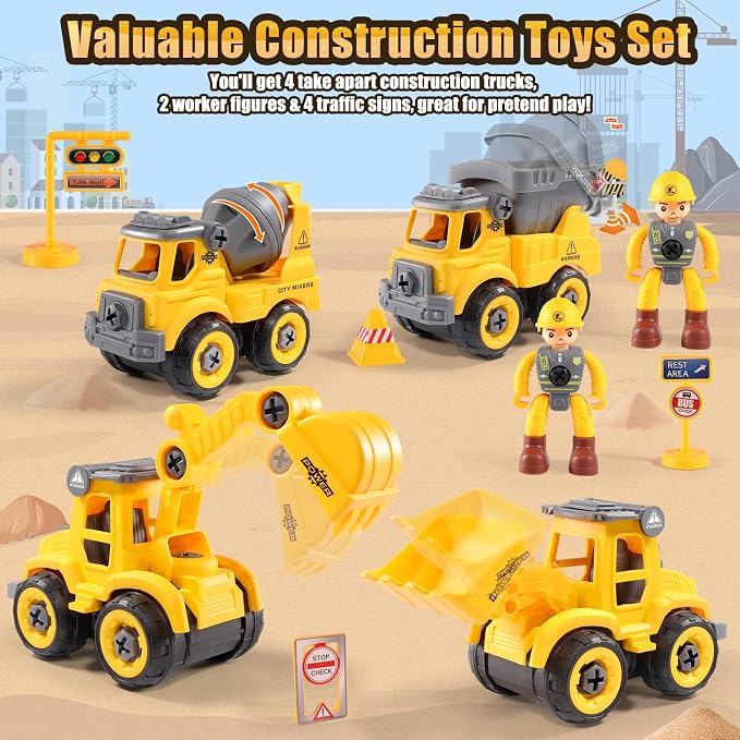 LUDILO 4PCS Take Apart Construction Toys for 3 Year Old Boy Birthday Gift | Stem Learning Building Toy/Assembly Electric Drill/Mini Sandbox Beach Toy/Toddler Kids Toys Boys 3-5 Year Old Bday Xmas Gift