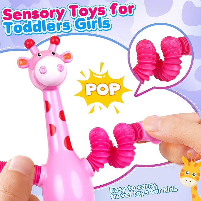 Giraffe Sensory Travel Toys 4Pcs for Road Trip Car Ride Airplane Toddler Girl Year Old Ages 3 4 5 6 7 8, Suction Autism Pop Tube Fidget Toy Autistic Valentines Day Stocking Easter Basket Stuffer Gift