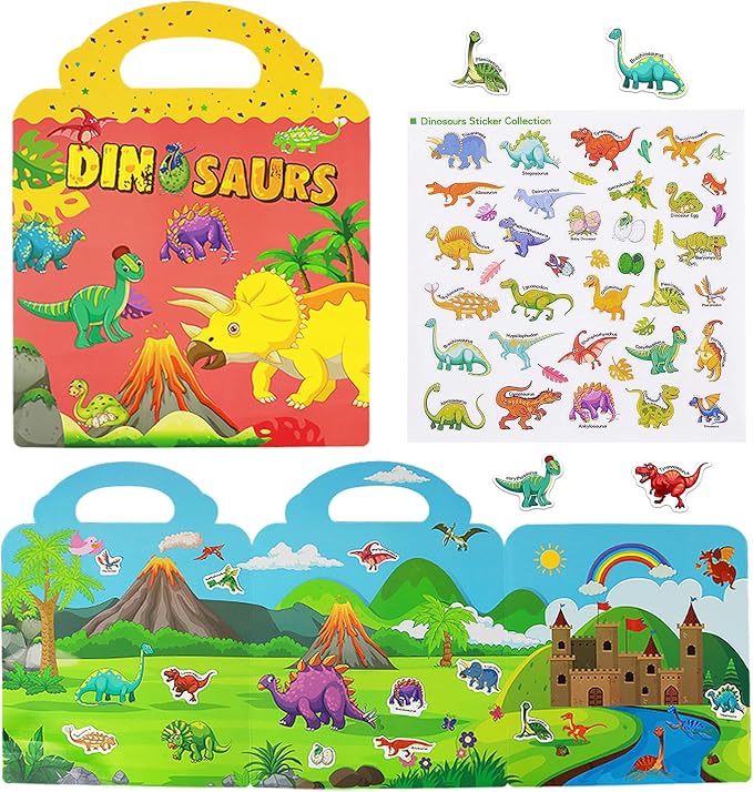 Reusable Sticker Books for Kids, Travel Removable Toddler Dinosaur Sticker Books for 3 4 5 Year Old Girls Boys Birthday Gifts Educational Learning Toys
