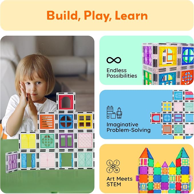 PicassoTiles 40pcs Magnetic Tiles Clip-in Window and Door Expansion Set, Magnetic Block Add-ons, Magnet Building Construction Toys, STEM Education Learning Block for Toddler Boys and Girls 3+ PTW40
