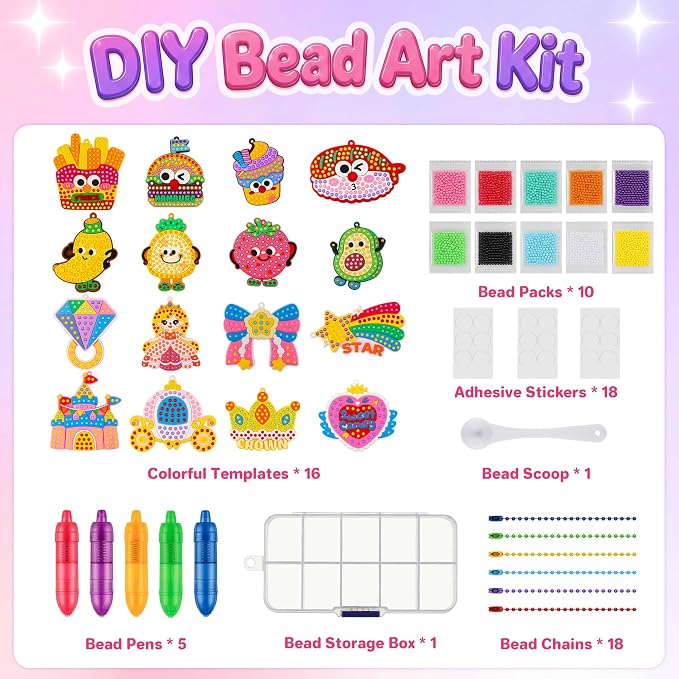 Kiditos DIY Bead Art Craft Kit with Magic Bead Pens for Kids Ages 3+ | Colorful Templates, Bead Chains, Stick-On Art, Backpack Charms & Creative Play