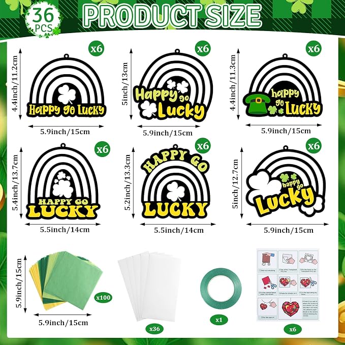 Qyeahkj 36 Set St. Patrick's Day Rainbow Suncatchers Crafts for DIY Lucky Rainbow Shamrock Window Tissue Paper Craft Kit Hanging Decor for Home Activity Art Project Birthday Party Favor