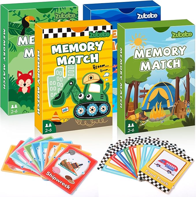 Zubebe 4 Sets Memory Matching Card Game Ages 4+, Family Party Game,Style 2 | Learning Toy with Animal Dinosaur Food Themes, Ideal for Family Night Classroom Prizes Party Favors, Builds Memory Skills