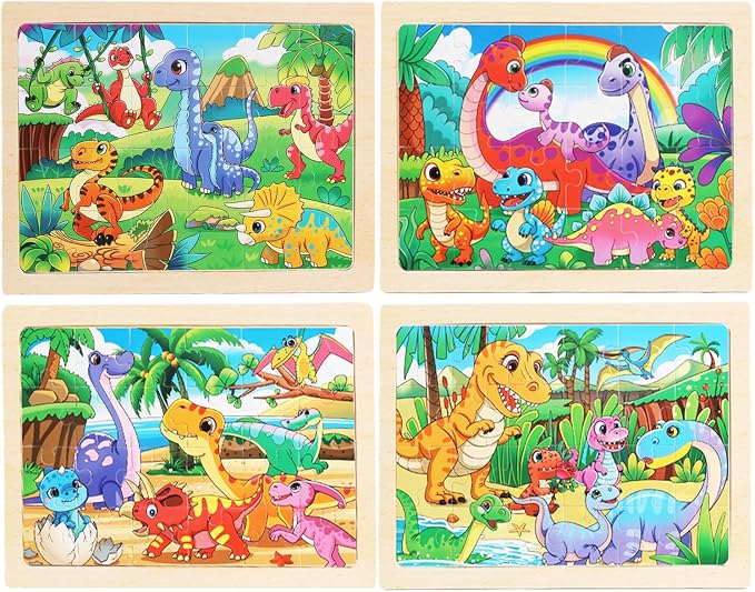 Wooden Puzzles for Kids 3-5, 4 Pack Dinosaur Jigsaw Puzzles for Toddlers, 24 Pieces Preschool Learning Activities, Learning & Educational Puzzles, Gift for Boys, Girls
