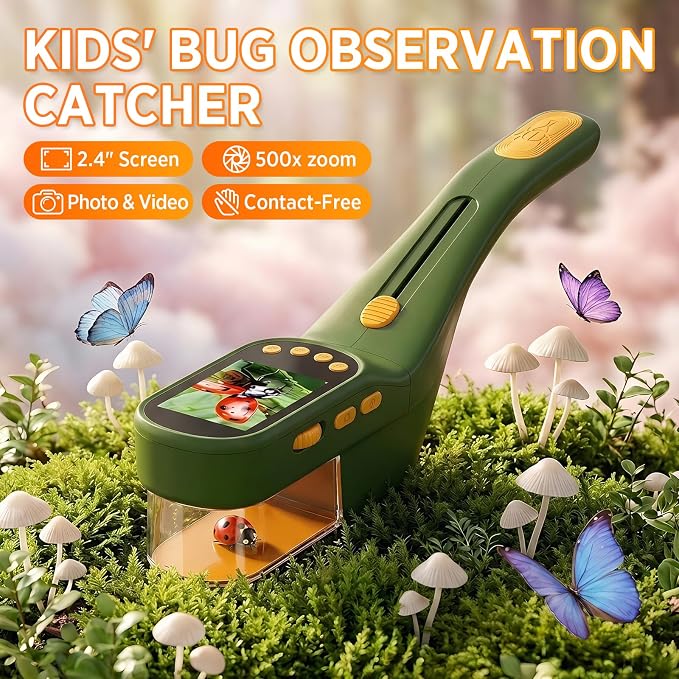 Kids Bug Catcher Microscope STEM Exploration Toy for Ages 3+ | 2.4" IPS screen, 500X Magnification, 8 LED lights, photo and video record, bug catching kit for kids 3‑12 outdoor STEM toy