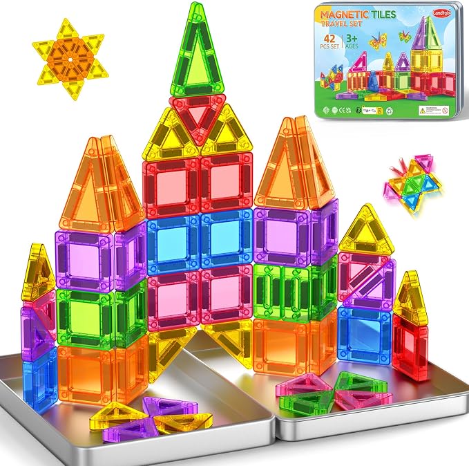 Mini Magnetic Tiles Travel Set Magnetic Tiles with Iron Box 42PCS | Magnet Building Blocks Travel Toys for Kids Ages 3+,Portable Magnet Toys Gifts for Toddlers Boys Girls Christmas Birthday