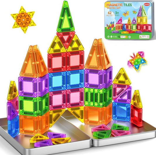 Mini Magnetic Tiles Travel Set Magnetic Tiles with Iron Box 42PCS | Magnet Building Blocks Travel Toys for Kids Ages 3+,Portable Magnet Toys Gifts for Toddlers Boys Girls Christmas Birthday