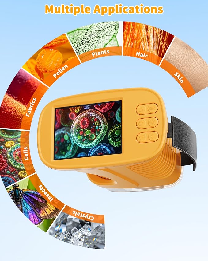 1000X Kids Handheld Microscope, 4K Digital Mini Pocket Digital Microscope with 2.4" IPS Screen, Built-in Camera & 12 Prepared Slides, STEM Educational Toy, Birthday Gift for Boys & Girls Ages 3–12