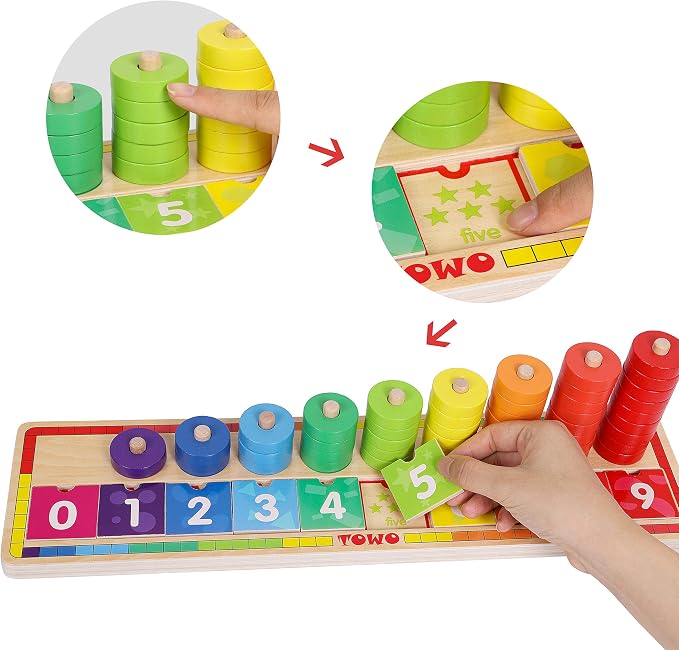 TOWO Wooden Counting Ring Stacker, 45 Rings Number Blocks Toy | Includes 45 rings and number blocks for sorting, counting and early math; Montessori learning toy for kids age 3+