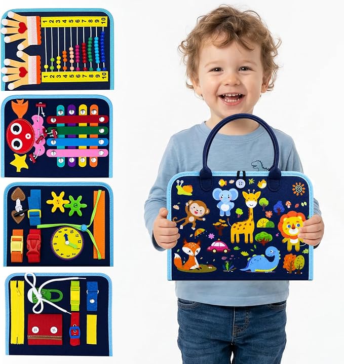Montessori Busy Board for Toddlers 1-3, 4 Pages 15+ Activities Sensory Toy, ABC Numbers Colors Motor Skills Toy, Toddler Quiet Book Travel Toy, Preschool Educational for Boys Girls, Blue Zoo