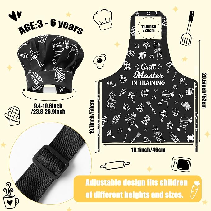 R HORSE Kid Apron and Chef Hat Set - 2Pcs Adjustable BBQ Mini Grill Children Kitchen Apron, Dress up Role Play Chef Toy Funny Cooking Baking Painting and Training Kits for Kids Birthday Gift