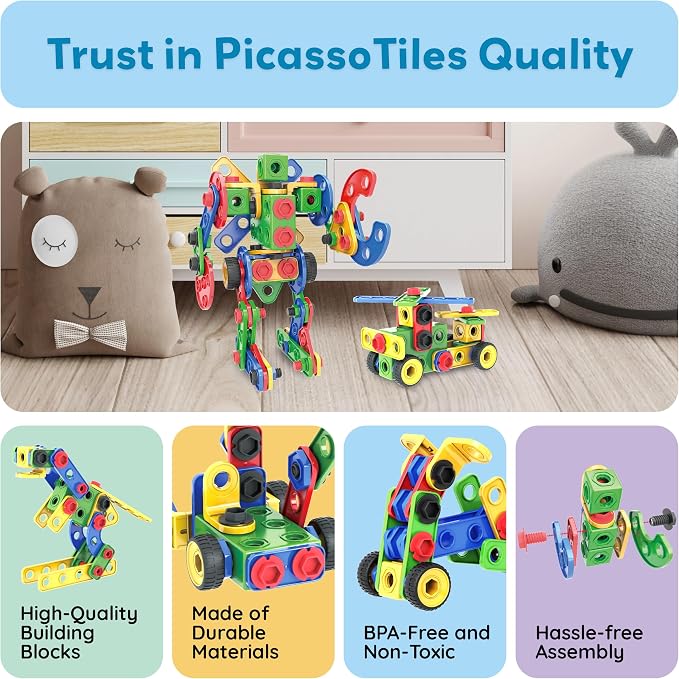 PicassoTiles 152pc STEM Construction Toy Building Set for Kids Ages 3+ Includes Power Drill, Ratchet, Idea Book, Storage Box Educational Engineering Science Kit & Sensory Toys for Boys & Girls PTN152