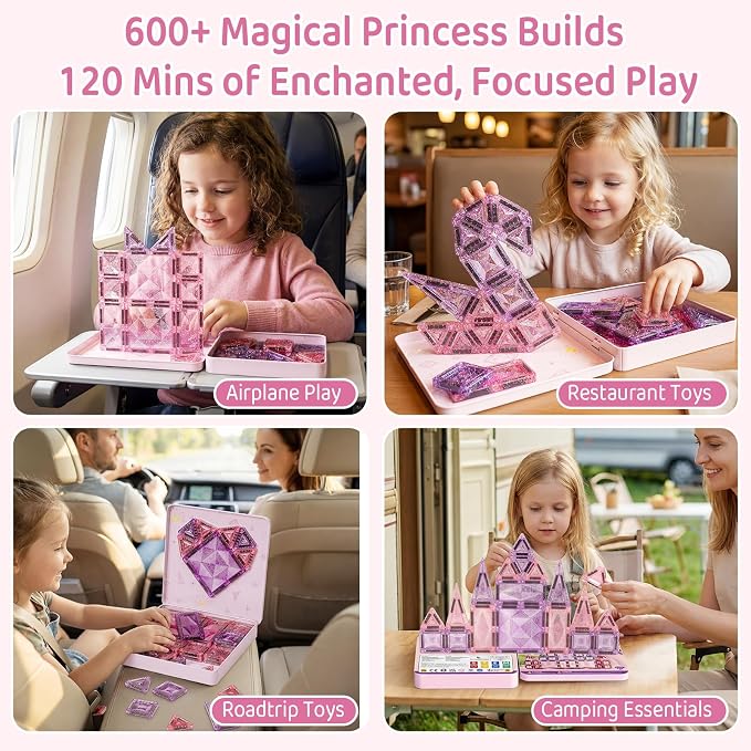 Magnetic Tiles Girls Travel Toy: 42 PCS Pink Glitter Castle Tin Box | 120 Mins Quiet Play & 60s Cleanup On the Go for Airplane Road Trips - Portable Safe Building Blocks Toddler Kids Gift Age 3-6