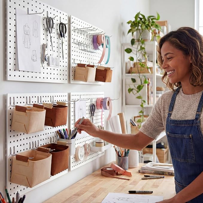 Spampur 4 Pack Peg Board Organizer, Includes Metal PegBoard and Accessories | 16"x12" White Pegboard Panels with 50 Pcs Hooks and Baskets, Wall Organizer for Office, Craft Room, Garage, Sewing Room