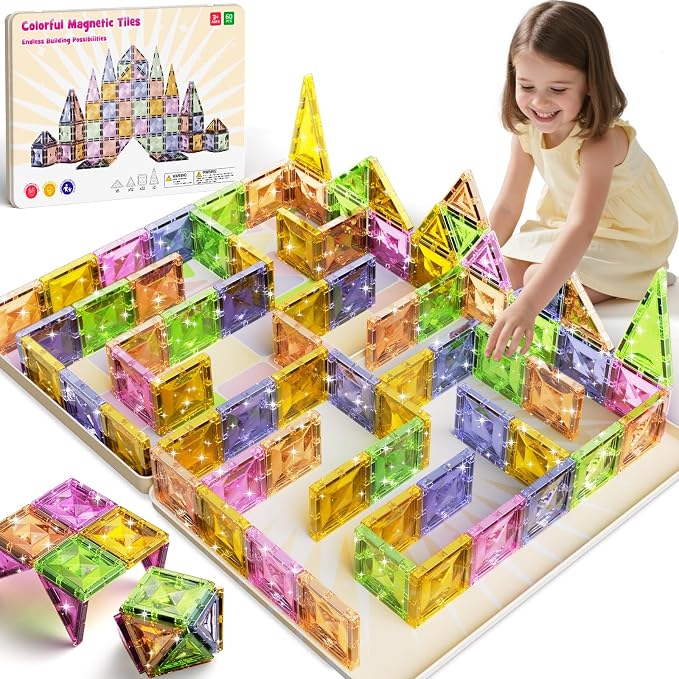 Clear Crystal Glitter Magnetic Tiles: Diamond Building Blocks for Kids | 60PCS Metal Storage Box, Compatible With Most Tile Sets, Strong Magnets, Ages 4-8, 60+ Mins Play Travel & Home Fun