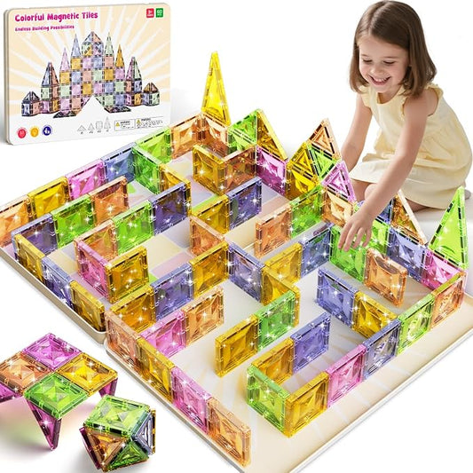 Clear Crystal Glitter Magnetic Tiles: Diamond Building Blocks for Kids | 60PCS Metal Storage Box, Compatible With Most Tile Sets, Strong Magnets, Ages 4-8, 60+ Mins Play Travel & Home Fun