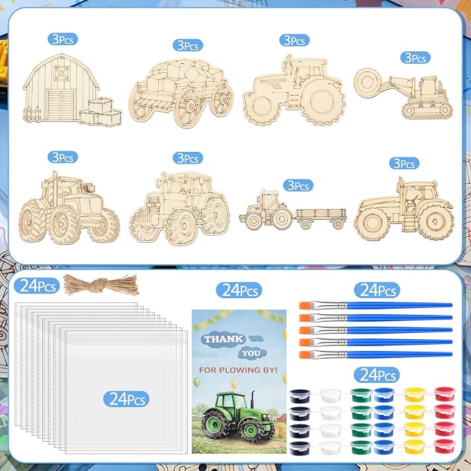 Saypacck 24 Pcs Tractor Farm Party Favors Wooden Paint Craft Kits | Farm Tractor Painting Toy with Brush Paints, Party Decor Goodie Bag Fillers, Organza Bags for Thank You Gifts