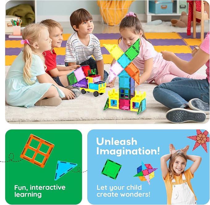 PicassoTiles 101 Piece Magnetic Tiles Building Set with Car & Bag Ages 3+ | BPA-free plastic, smooth-edge design, doors/windows, specialty shapes, spatial reasoning, hand-eye coordination, pretend play