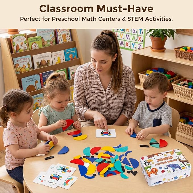 LovesTown Pattern Blocks with Iron Box, Wooden, 96pcs | for Kids 3+, Montessori Learning Toys, Indoor Recess Activities, No-Screen Quiet Play