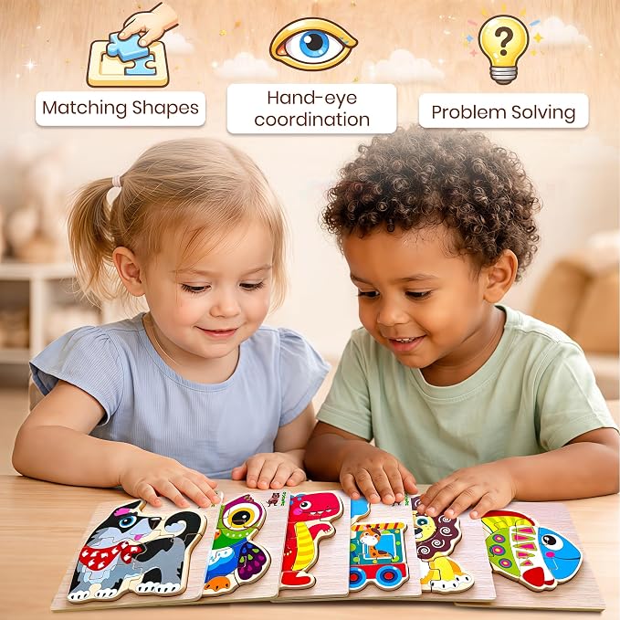 QUOKKA Wooden Puzzles for Toddlers 1-3 – 6XSET Chunky Toddler Puzzles Ages 2-4 – Montessori Animal Toy for Kids 3-5 Year Old – Wood Games Gift for Boys & Girls