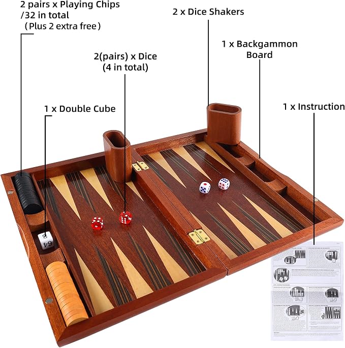 Offelec Wooden Backgammon Set for Kids, 13 Inches Backgammon Board Game Set with 32 Backgammon Pieces, 5 Dice & 2 Cups - Classic Strategy Game for Kids Adults and Family