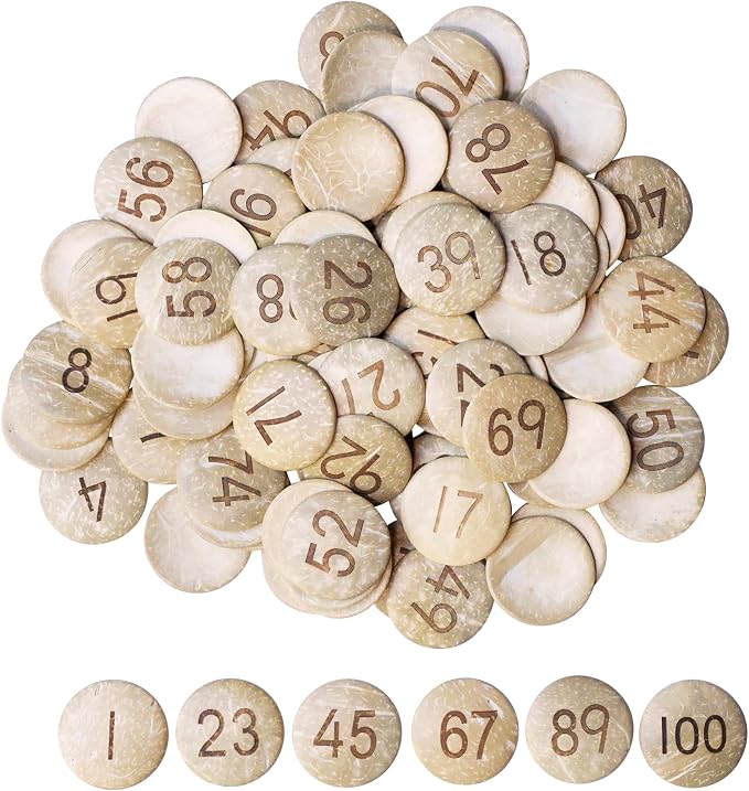 Craftplay Coconut Shell Number Counters 1-100 | Set of 100 | Eco-Friendly | Math Manipulatives | Natural Loose Parts disks for Early Childhood