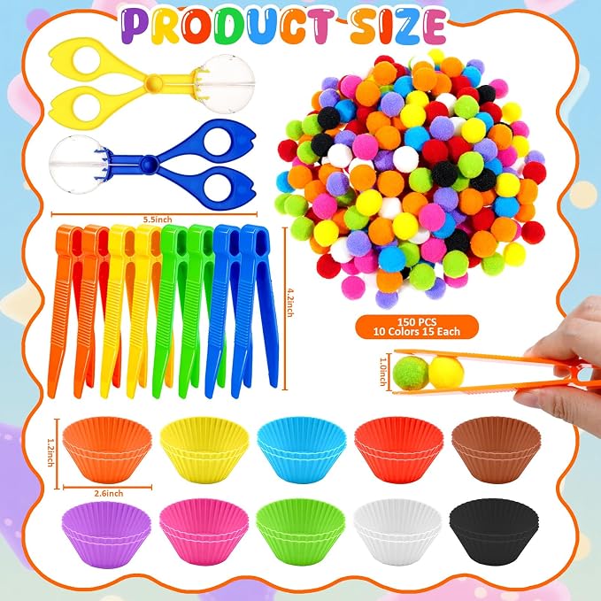 Bbiamsleep 180 Pcs Sensory Bin Fillers, Sensory Bin Pompoms | Sensory Bin Items Includes Pom Poms Sorting Bowls Tweezers Scissors Clips for Counting Sorting