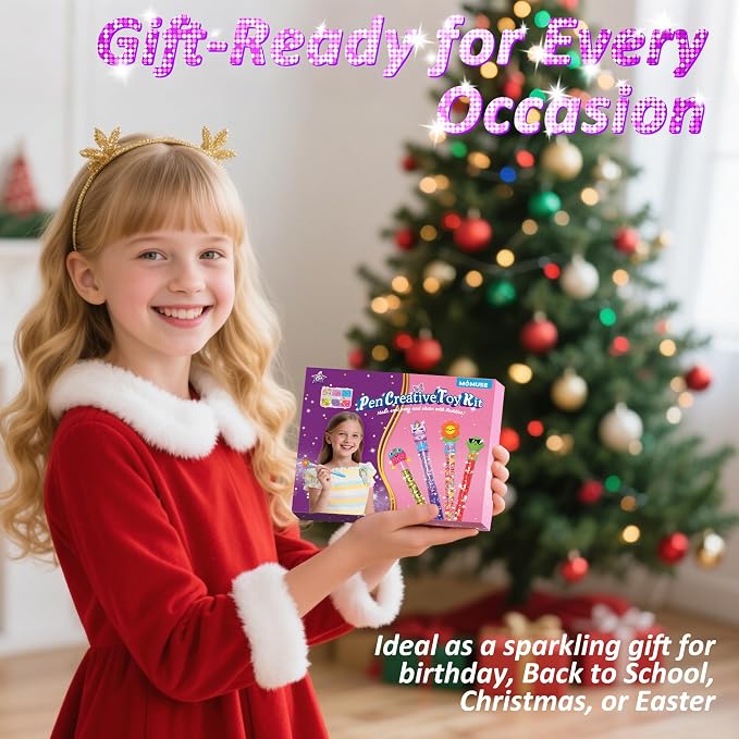 MOMUSE DIY Pen Making Kit for Kids Girls 6-12, Pen Creator Studio Craft Kit | Make 4 Sparkly Pens with Butterfly Stickers Sequins Beads, Girl Birthday Gifts