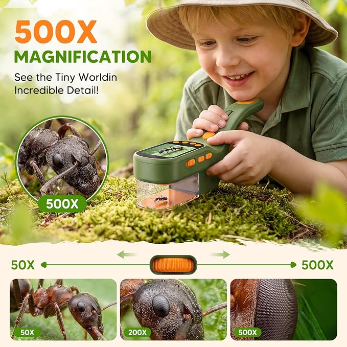 Bug Catcher for Kids with Kids Microscope, 500X Zoom Camera Toy | 9-in-1Handheld Bug Catcher Kit with 2.4" IPS Screen, Photo Video Recording, Led Lights for Outdoor Exploration STEM Toy