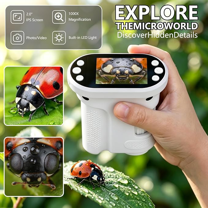 Kids Digital Microscope, 1000X Handheld Pocket Microscope STEM Science Toy | 2.0" IPS Screen, 8 LED Lights, Photo & Video Capture, Rechargeable Design, Educational STEM Gift for Kids Ages 3-12