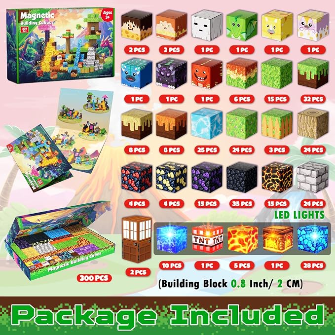 Magnetic Blocks - 300 PCS with Light Up Blocks Dinosaur Volcano Forest Castle Set - Kids Classroom Sensory Toy for Toddlers STEM, Construction Stacking Toy Kids 3+ Boys easter basket stuffers