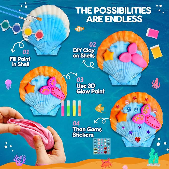EPUMP Sea Shell Painting Kit for Kids - Glow in the Dark Beach Toys and Summer Crafts, Arts and Crafts Kit Creative DIY Indoor Outdoor Activity Toy Birthday Gift for Boys Girls Age 6 7 8 9 10 11 12+