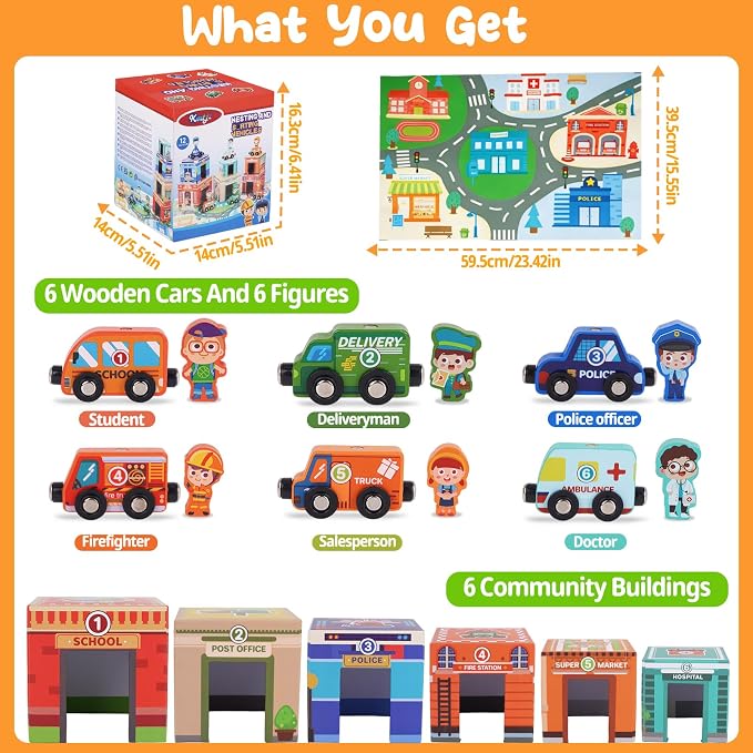 Montessori Sorting and Stacking Community Helpers Toys for Toddlers 1-3 | Number Blocks Nesting Boxes, Magnetic Wooden Car Preschool Toy, 1st First Birthday Gifts for 1-2 Years Boys Girls